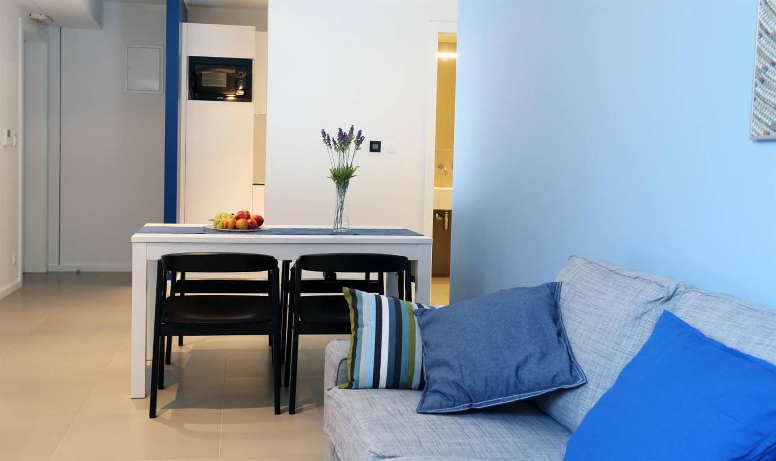 Apartment living area with a sofa, dining table and small kitchen